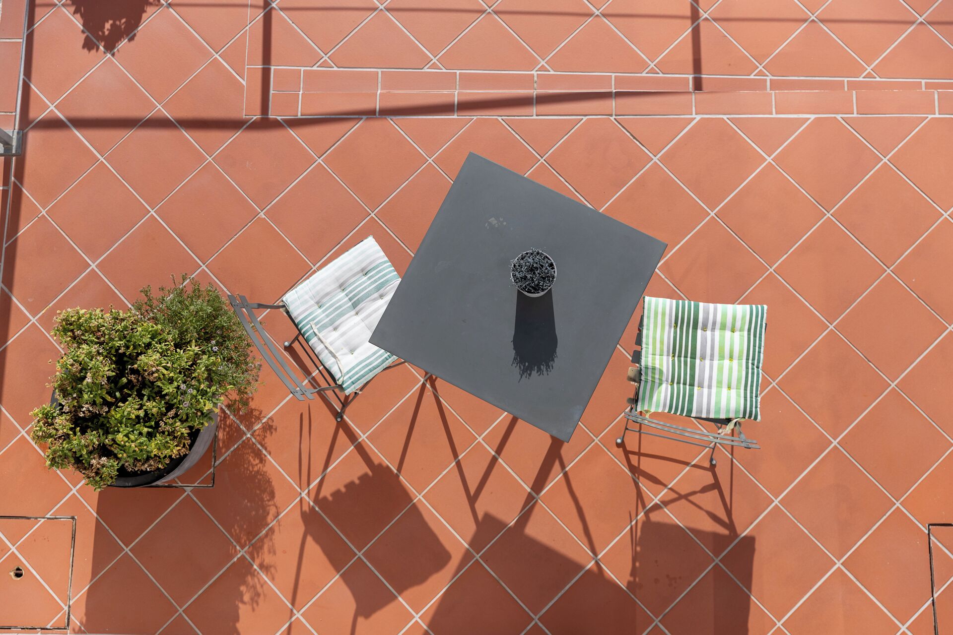 An outdoor patio with a table and two chairs, a potted plant, and a metal fence.
