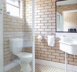 A bathroom with a toilet, sink, and shower area. - Twin Pines Motel (Mooloolaba)