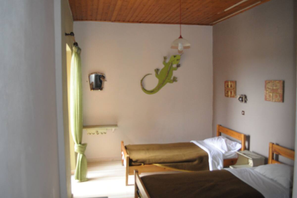 A room with two single beds, a green lizard decoration on the wall, a hanging light fixture, and a window with a curtain.