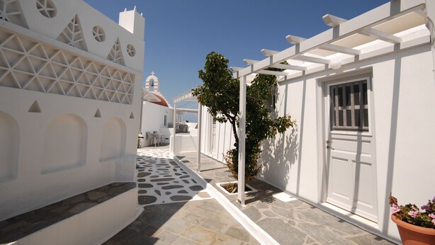 Un edificio de paredes blancas con un patio empedrado de piedra, un árbol y una puerta con ventanas de rejas.