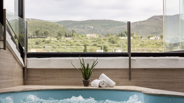 Un bain à remous avec vue sur un paysage montagneux.