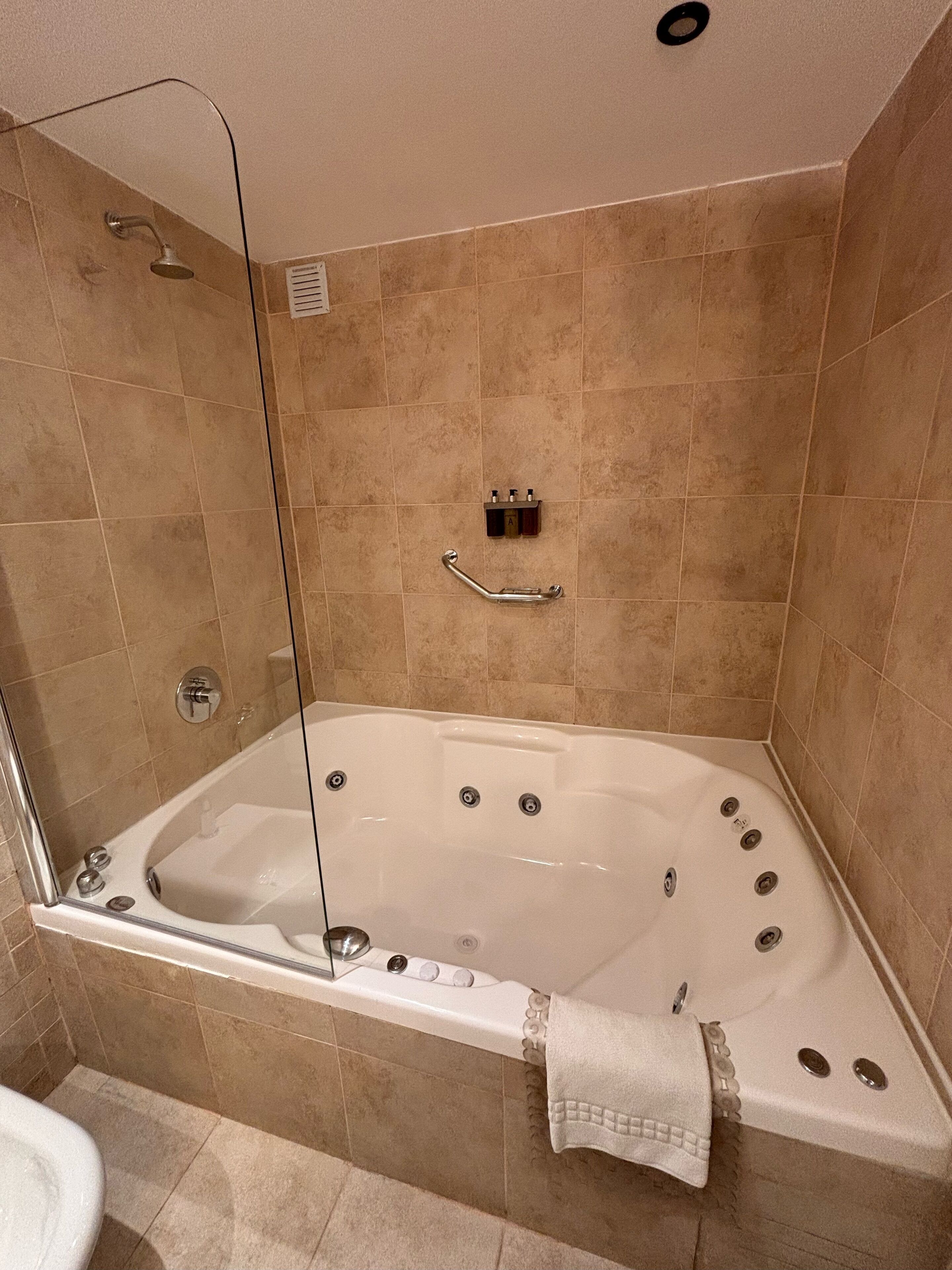 Un baño moderno con una bañera grande, un box de ducha de vidrio y un inodoro.
