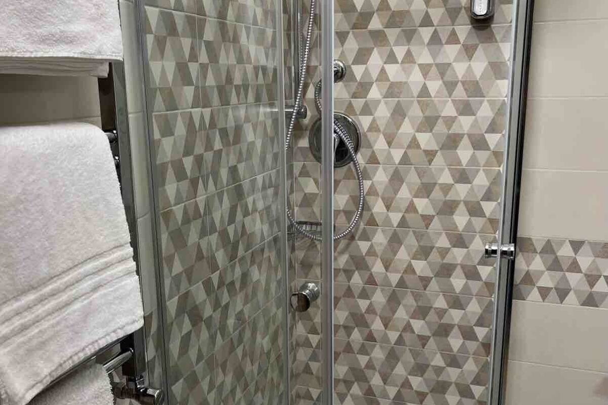 Shower, free toiletries, hair dryer, towels