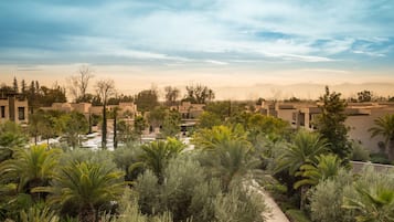 Un resort con varias construcciones, palmeras y cielo despejado.