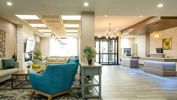 A modern lobby with a reception desk, seating area, and a large plant. - Comfort Suites Oil Center (Lafayette)