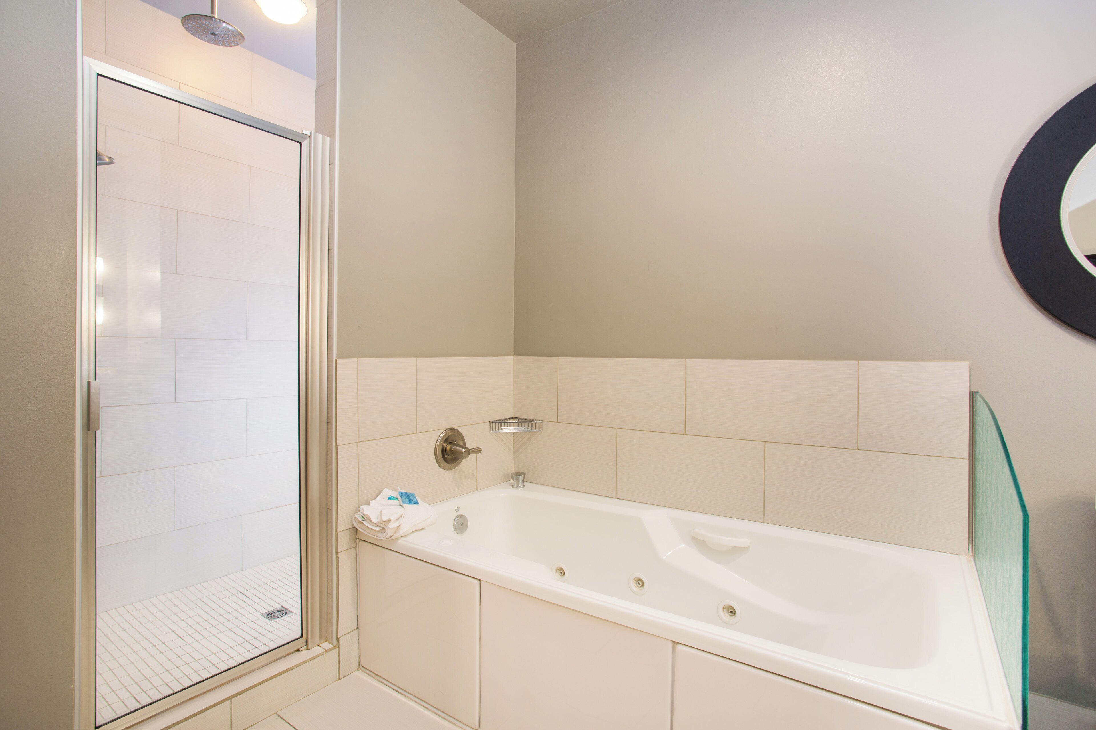 A bathroom with a glass shower enclosure, a bathtub, and a wall-mounted mirror.