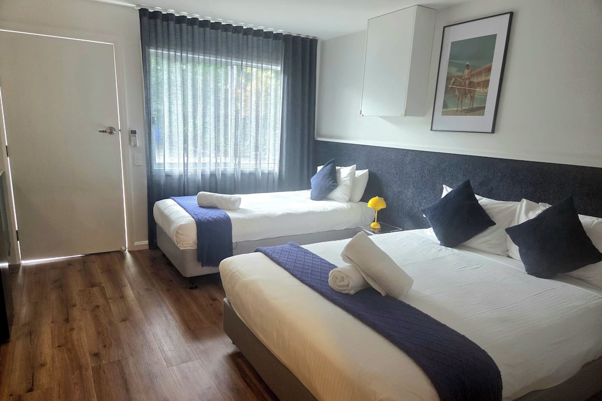 Habitación de hotel con dos camas, una puerta, una ventana con cortinas, un cuadro enmarcado en la pared y suelo de madera.