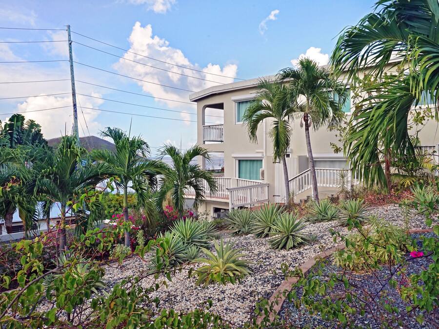 A modern building with a balcony, surrounded by tropical plants and a rocky garden.