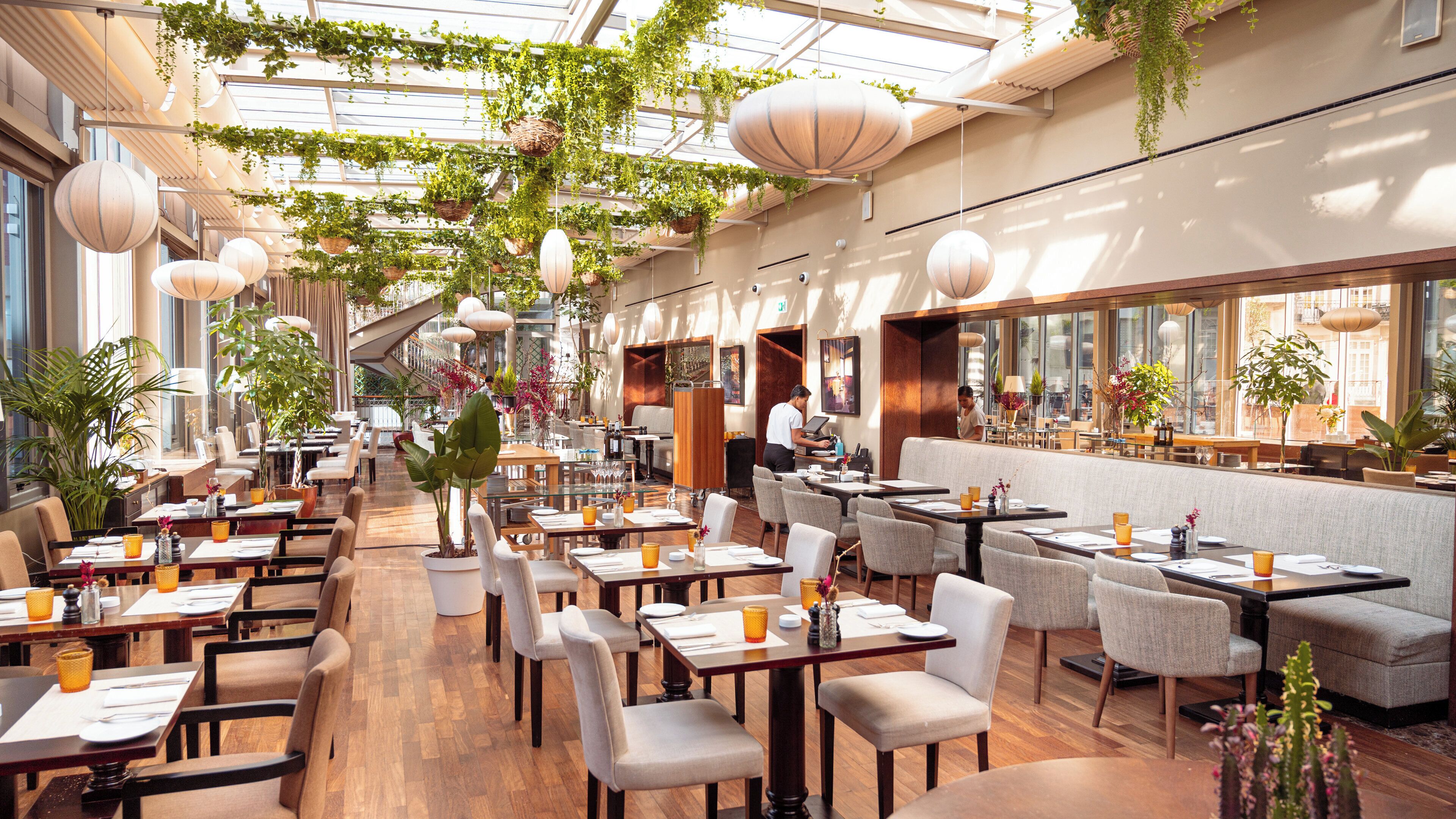 A restaurant with a high ceiling, hanging plants, and a bar area with a view of the city.