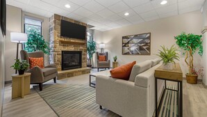 A modern living room with a stone fireplace, comfortable seating, and decorative plants. - Comfort Suites Lewisburg near University (Lewisburg)