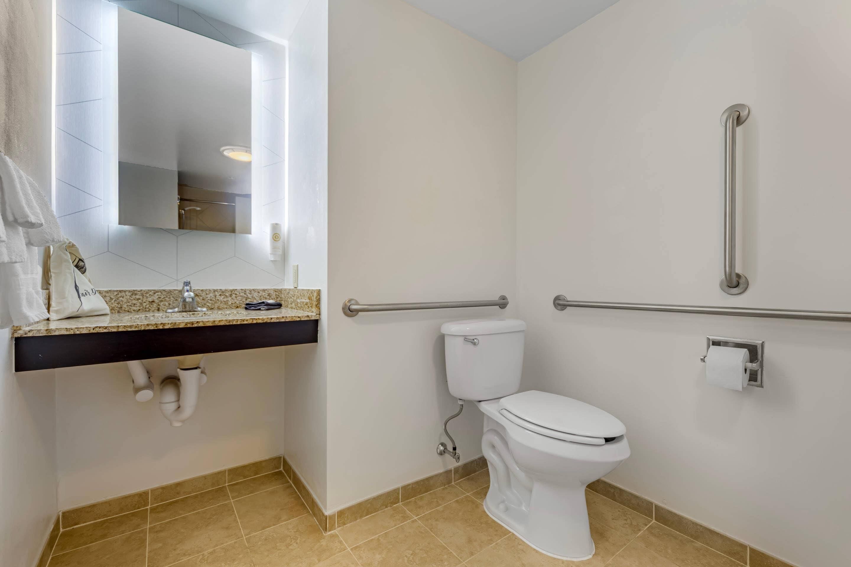 A modern bathroom with a toilet, grab bars, a sink with a mirror, and a towel rack.