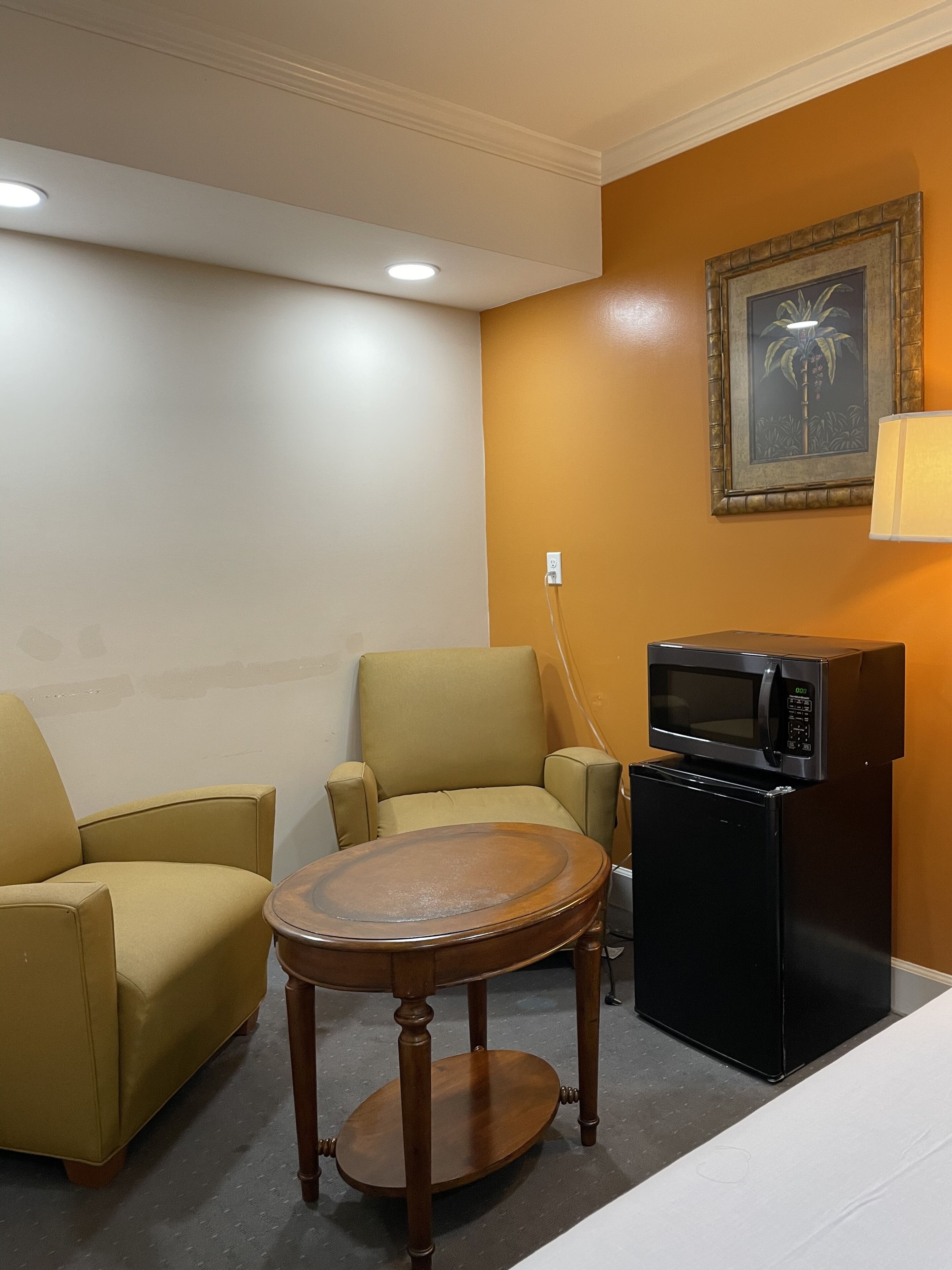 A room with a sofa, a small wooden table, a microwave, and a refrigerator.