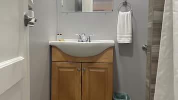 Shower, rainfall showerhead, hair dryer, towels