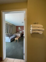 Hypo-allergenic bedding, down comforters, laptop workspace