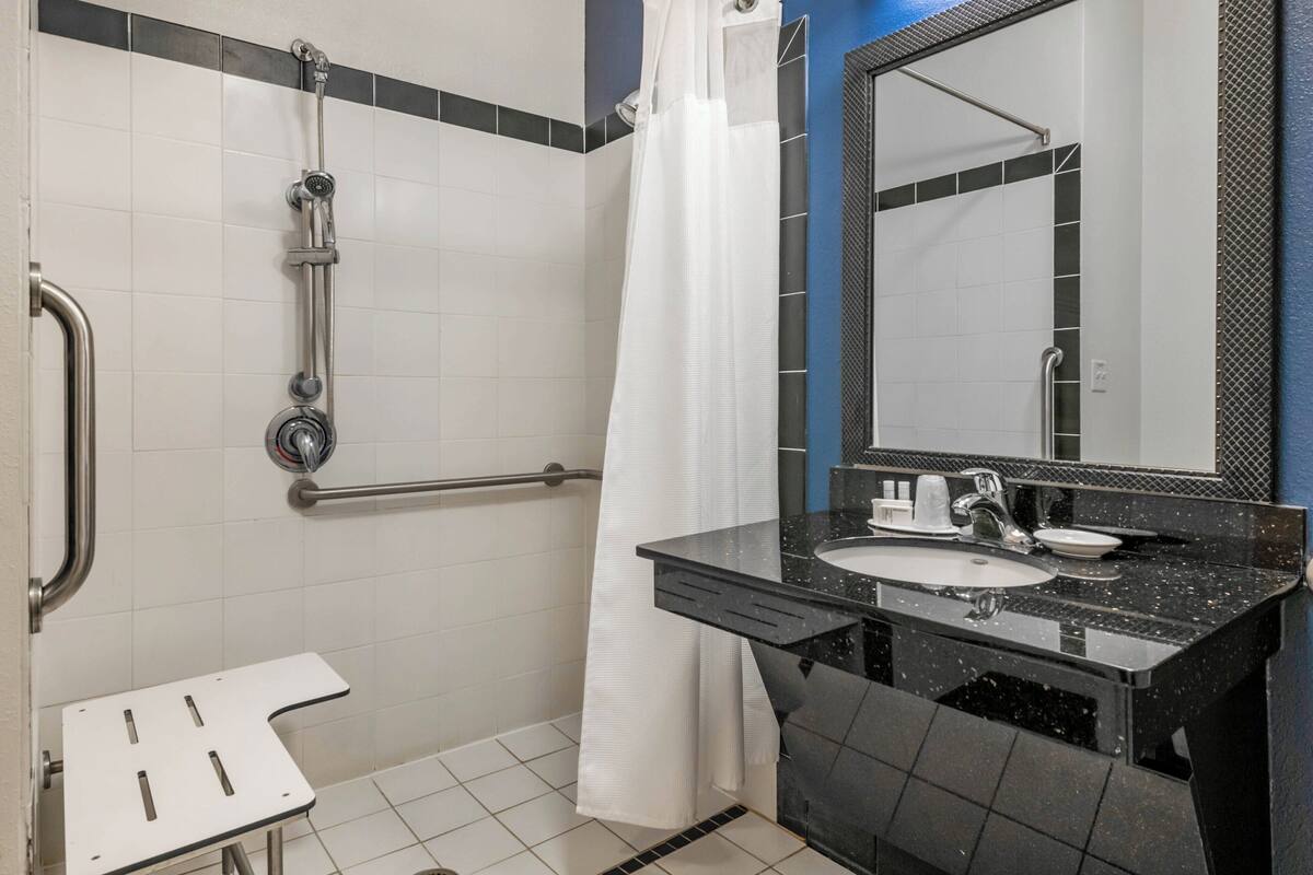 combined shower/bathtub, free toiletries, hair dryer, towels