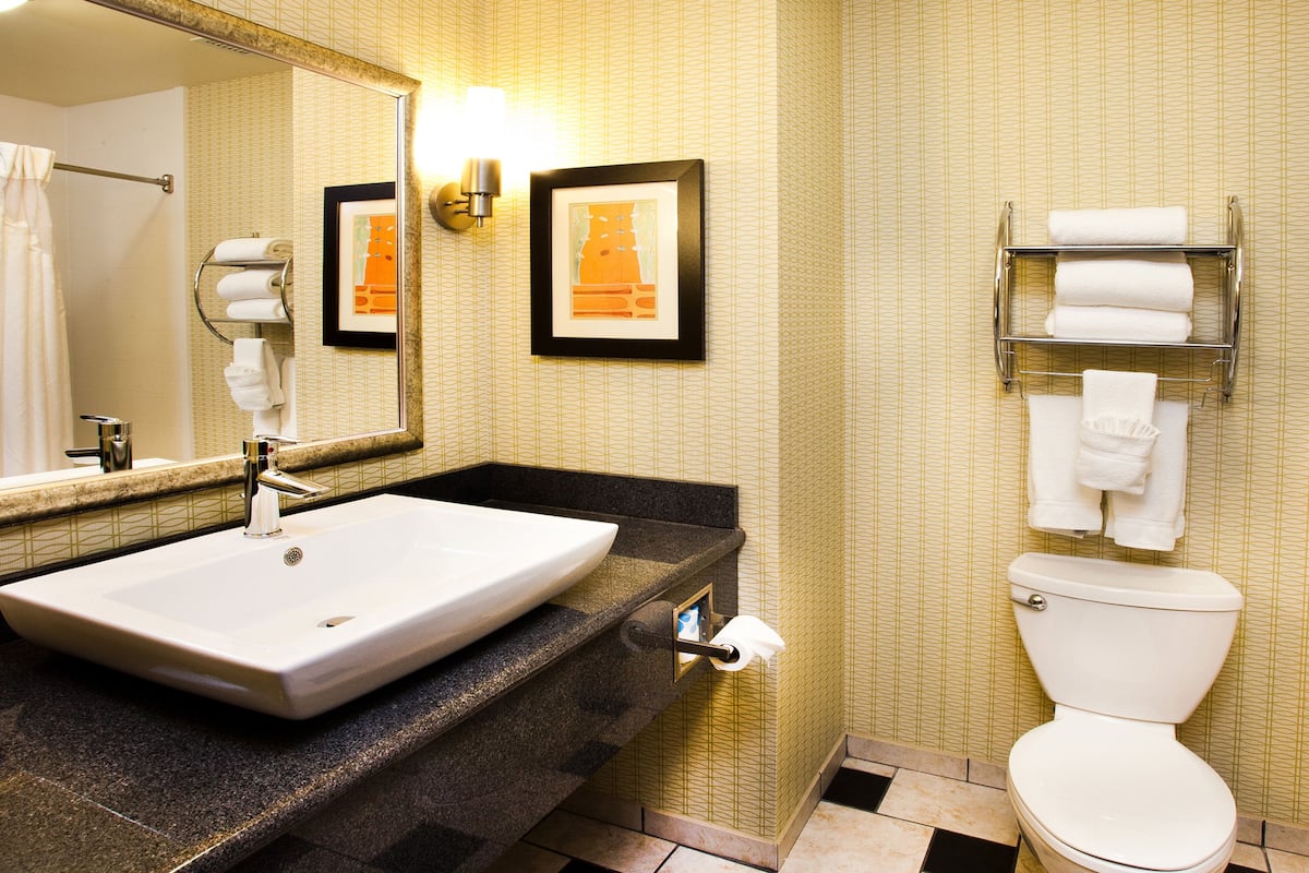 suite, non smoking, jetted tub (two beds and sleeper sofa) | bathroom | combined shower/bathtub, rainfall showerhead, free toiletries