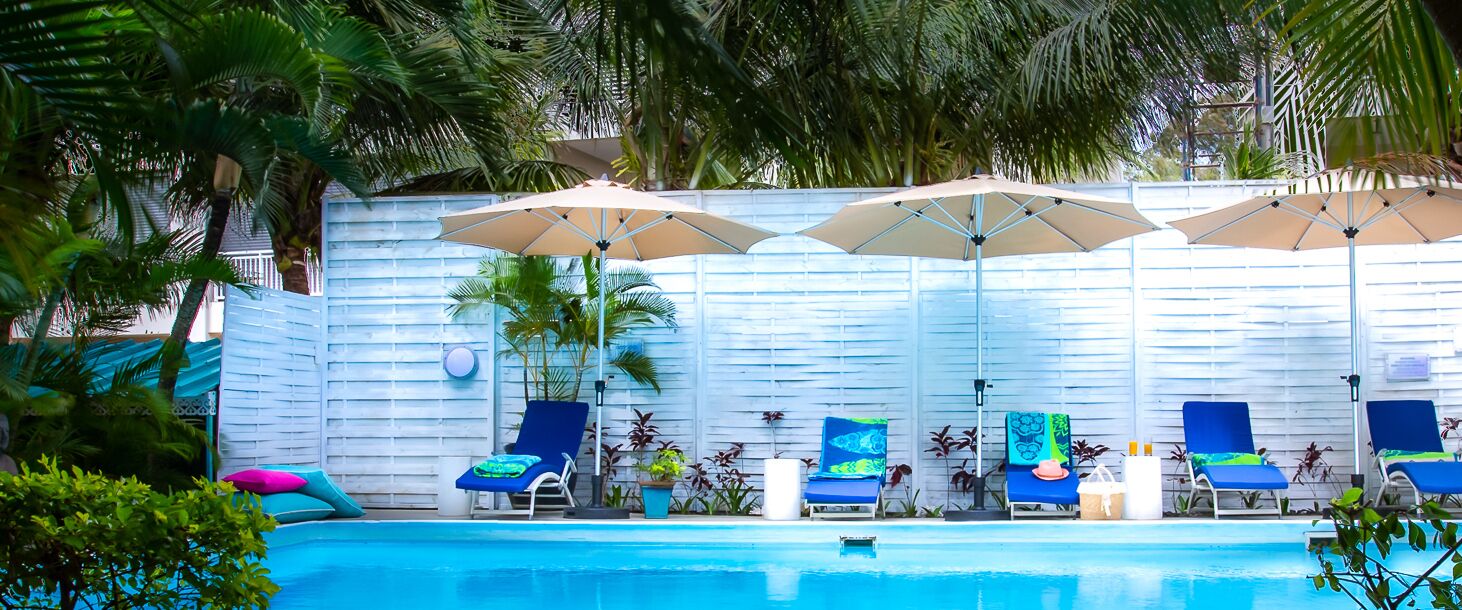 Outdoor pool, pool umbrellas, pool loungers