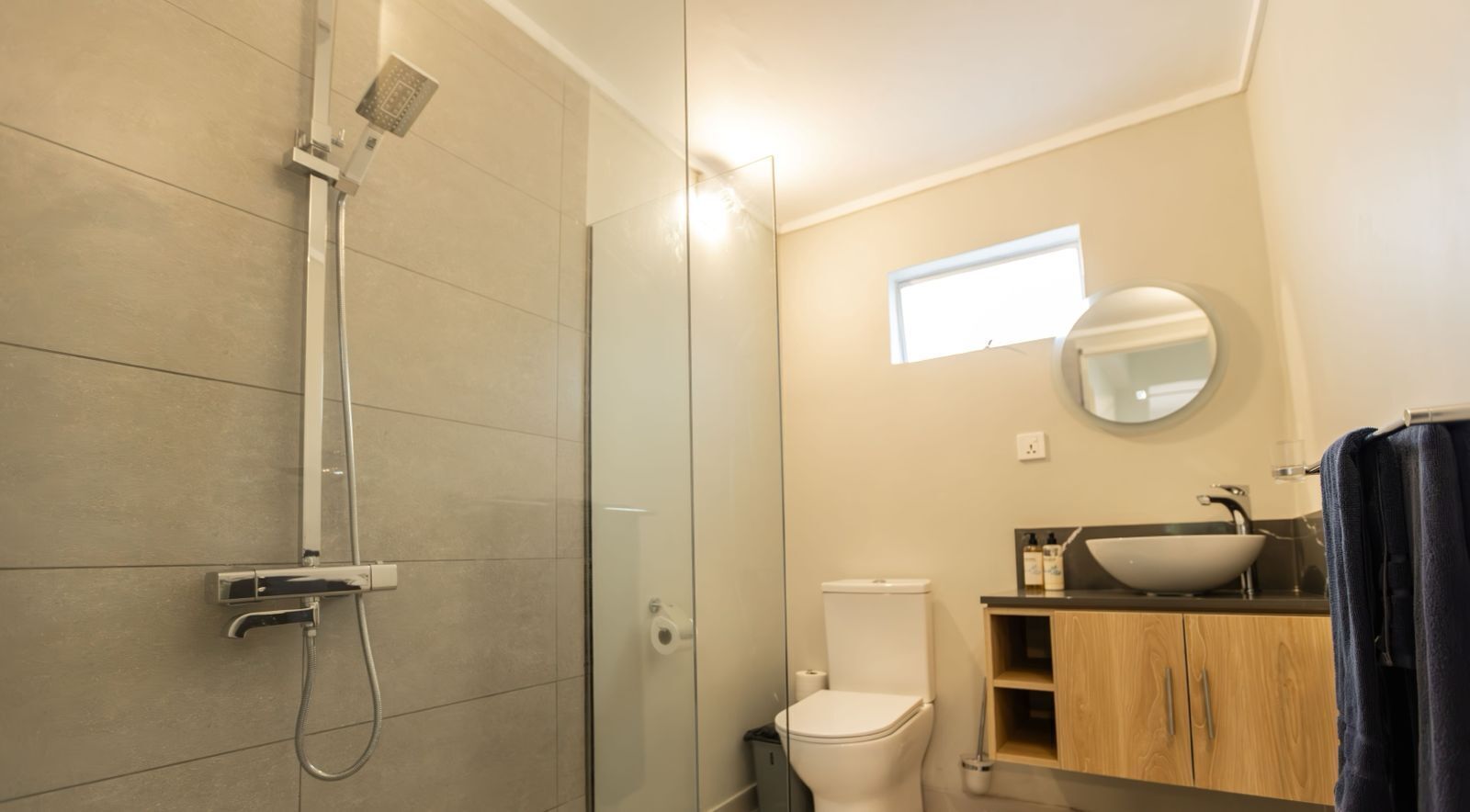 Une salle de bain avec une douche à parois de verre, des toilettes, un lavabo avec un miroir au-dessus et des meubles en bois.
