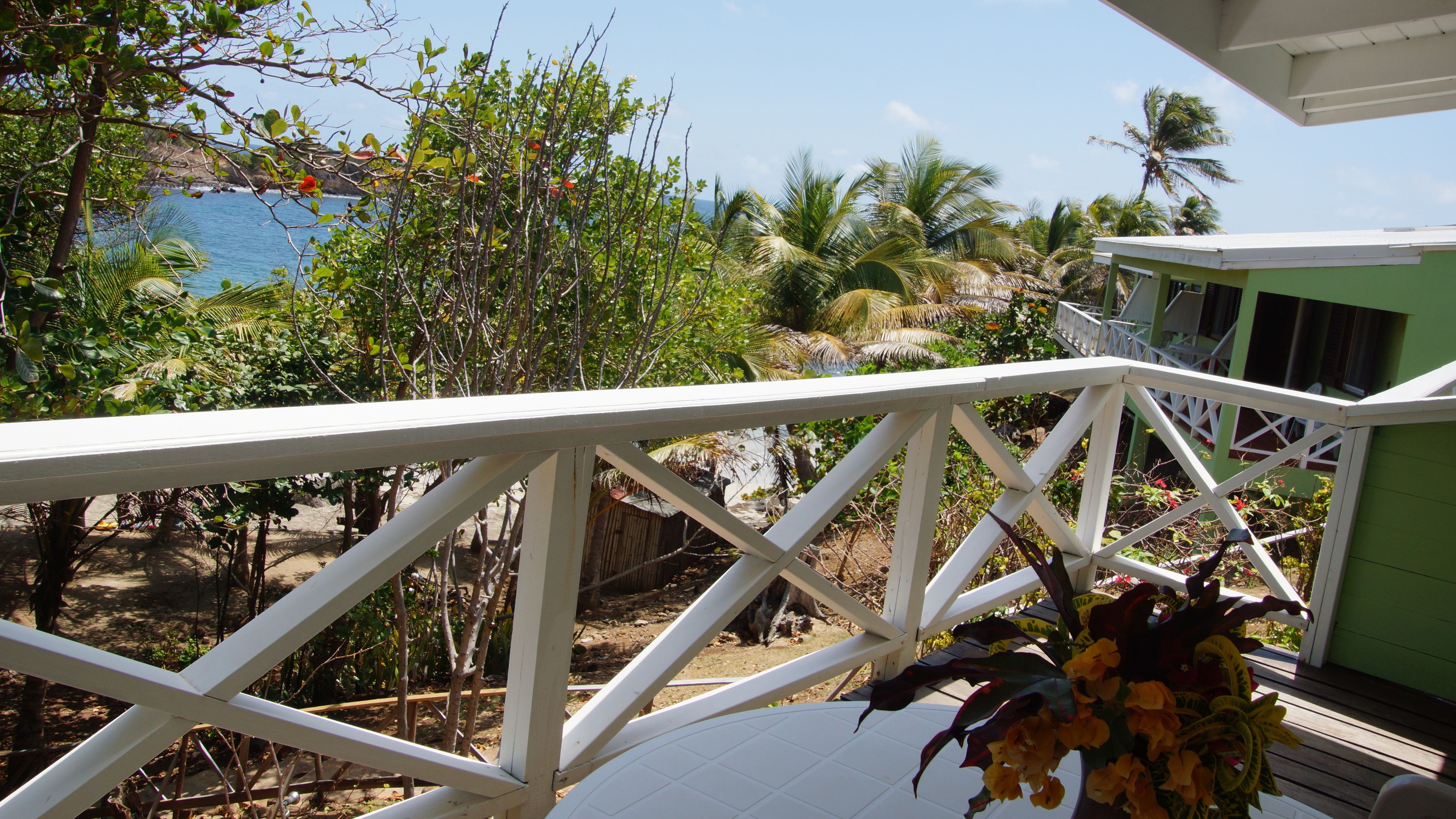 Un balcon doté d’une balustrade blanche, donnant sur une zone côtière bordée d’arbres et offrant une vue sur la mer.