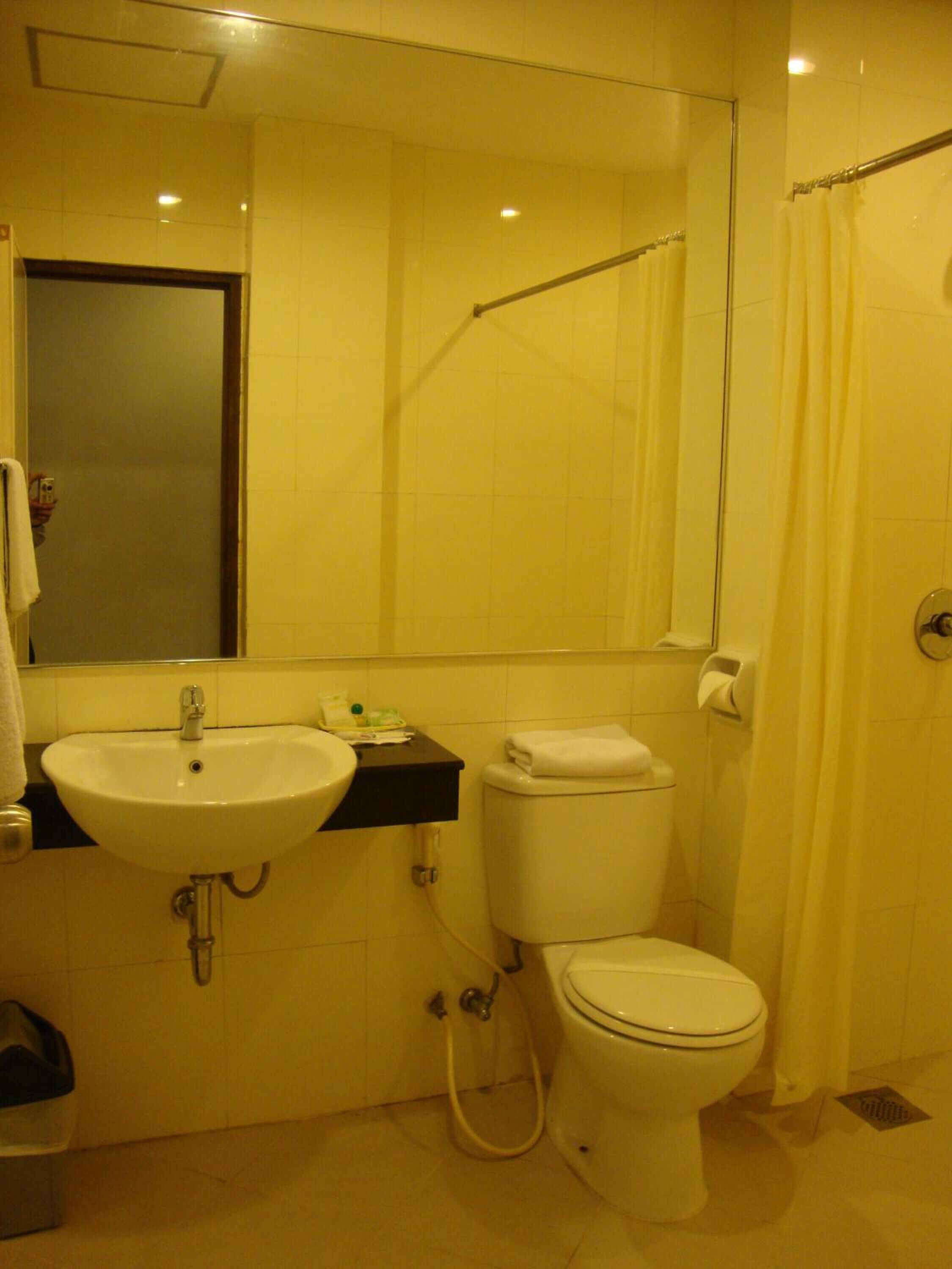 A bathroom with a sink, toilet, and shower.