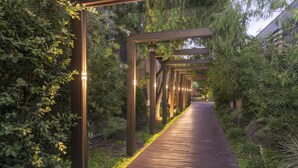 A wooden pathway flanked by greenery and wooden pergolas with lights, leading through a garden area. - Aqua Resort Busselton (Broadwater)