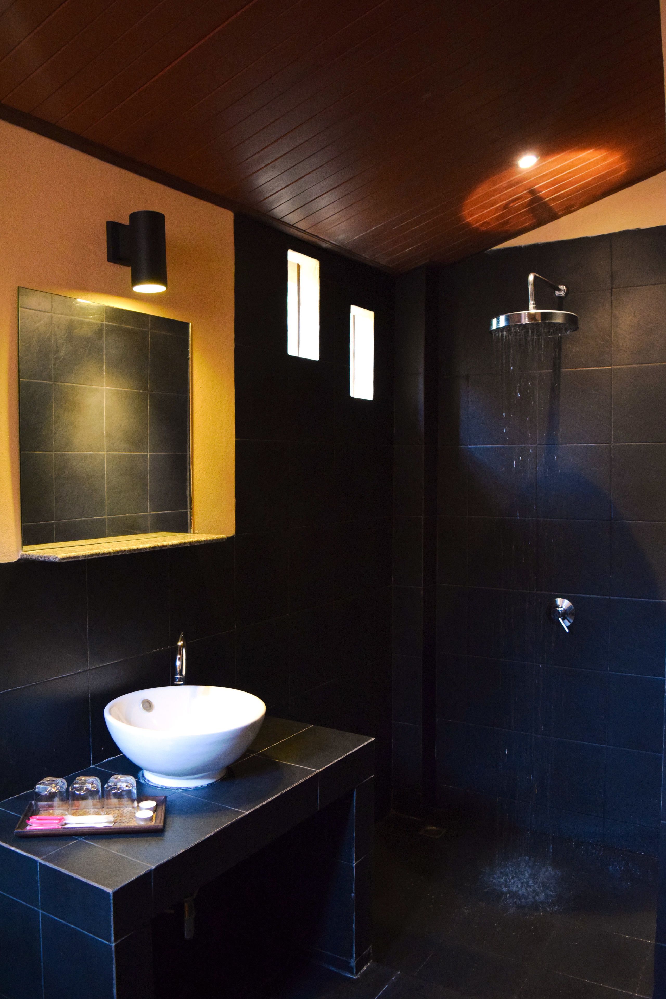 shower, free toiletries, hair dryer, towels