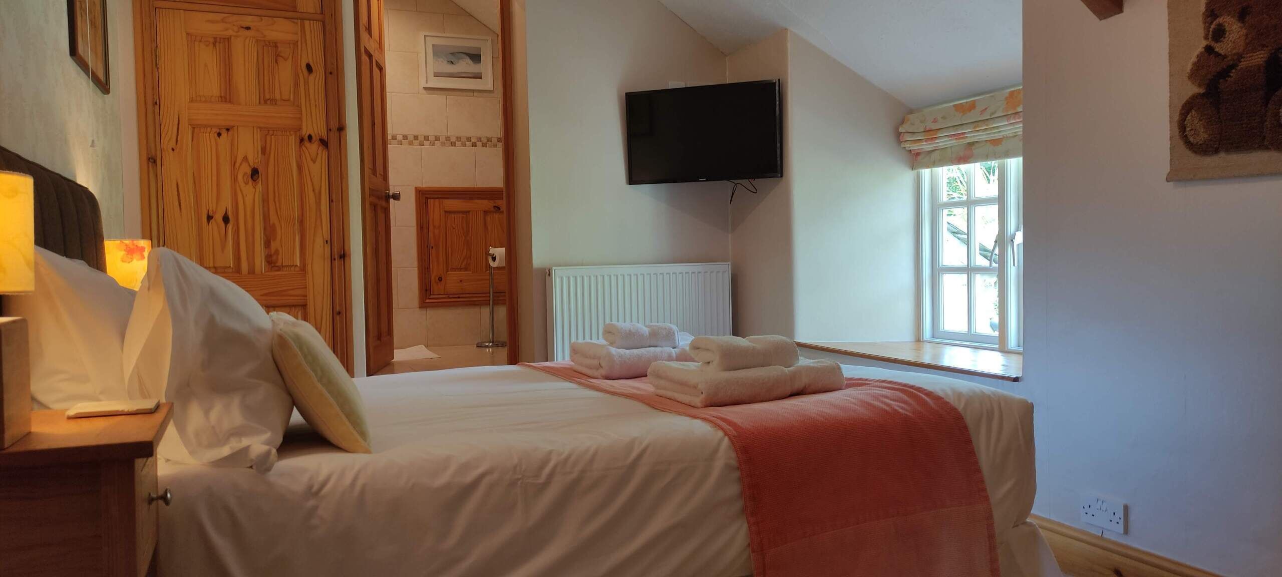 Une chambre d’hôtel avec un lit, une télévision, une fenêtre donnant sur un paysage agréable et une porte en bois.