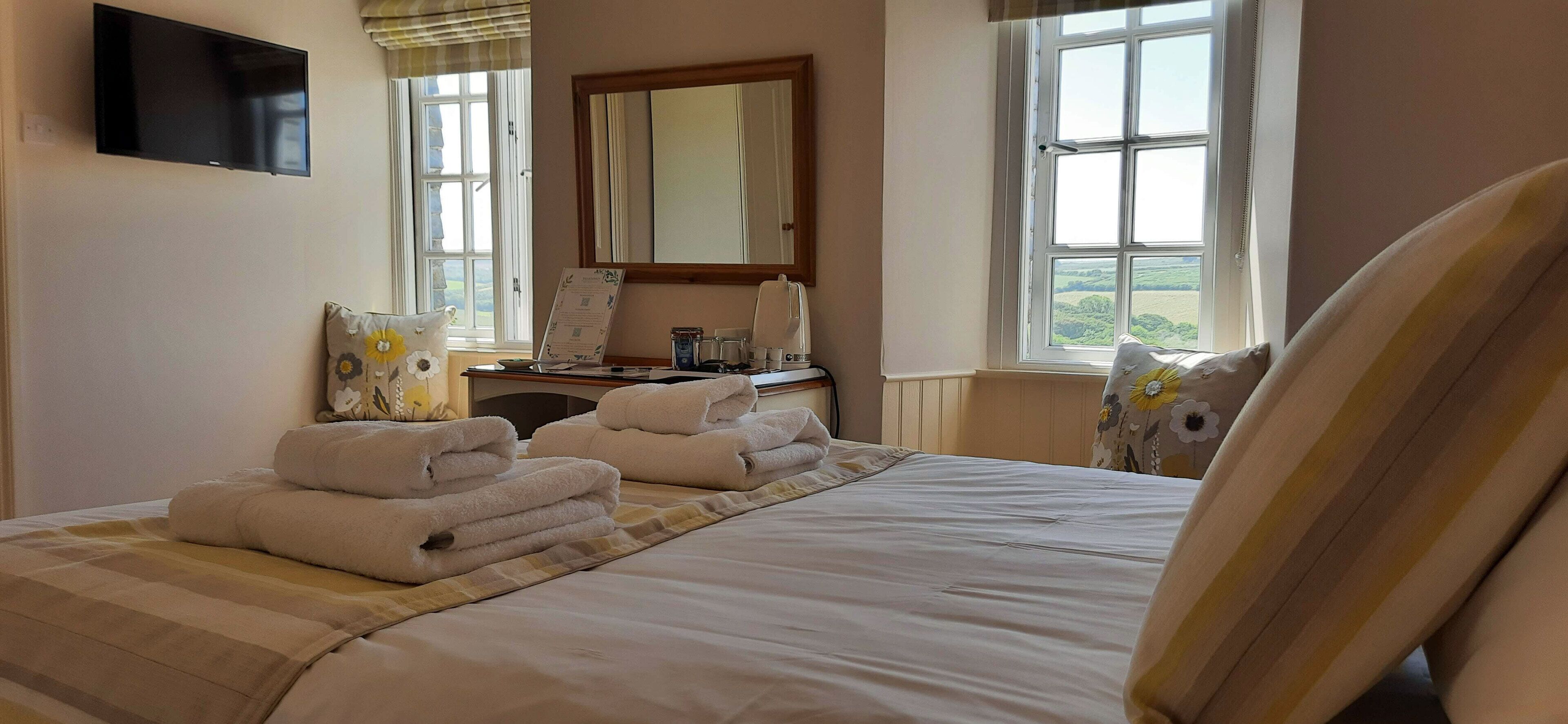 Habitación de hotel con cama, escritorio, televisor de pantalla plana y ventana con vista al campo.