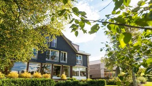 Een modern huis met twee verdiepingen, een verzorgd gazon en een grote boom op de voorgrond.