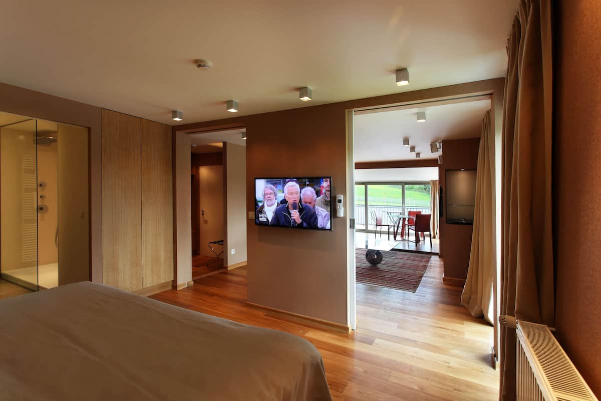 Een moderne hotelkamer met een groot bed, een aan de muur bevestigde televisie en uitzicht op het omliggende landschap door een schuifdeur.