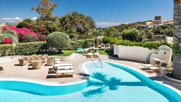 Outdoor pool, pool umbrellas, pool loungers