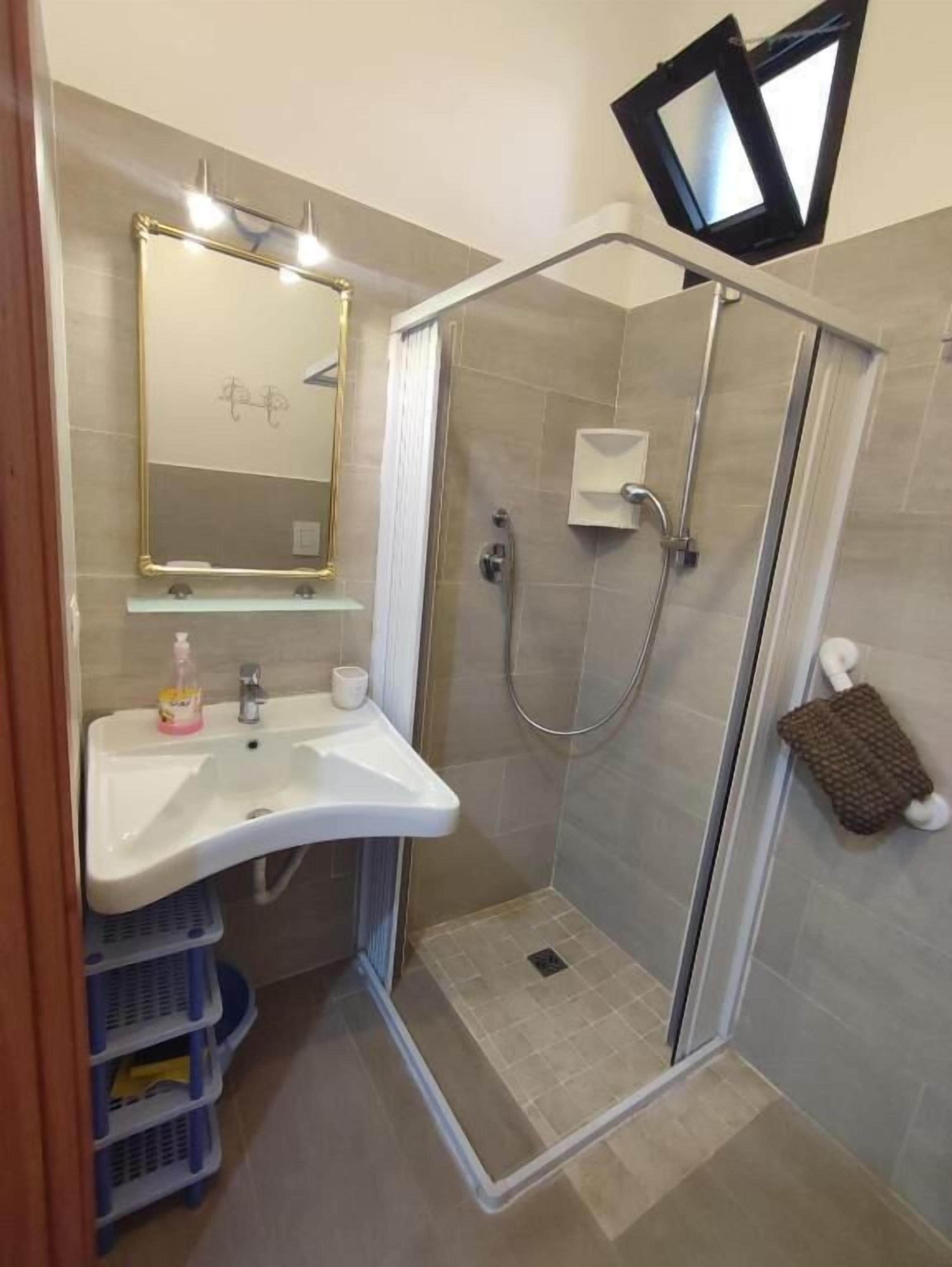 Een badkamer met een douche, wastafel en spiegel.