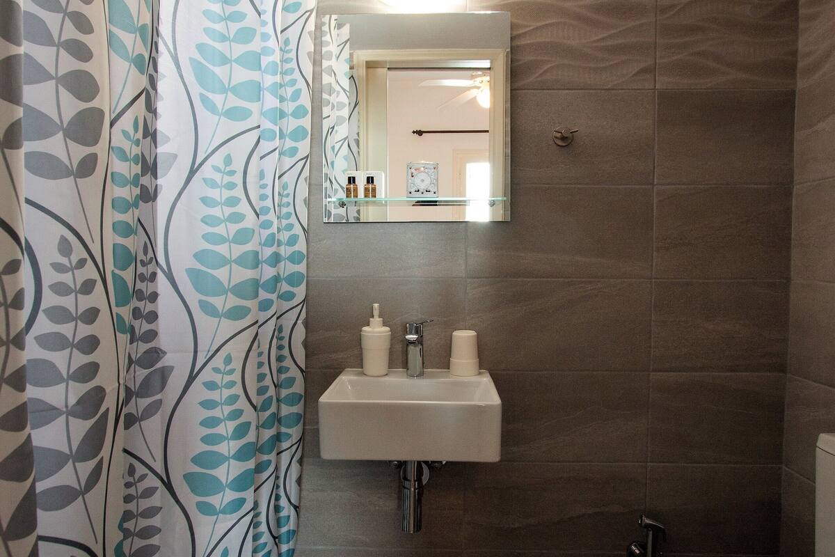 standard room | bathroom | shower, hair dryer, towels, soap