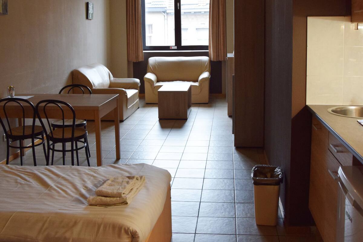 A hotel room with a bed, a desk, a chair, a sofa, a small table, and a kitchen area with a sink and cabinets.