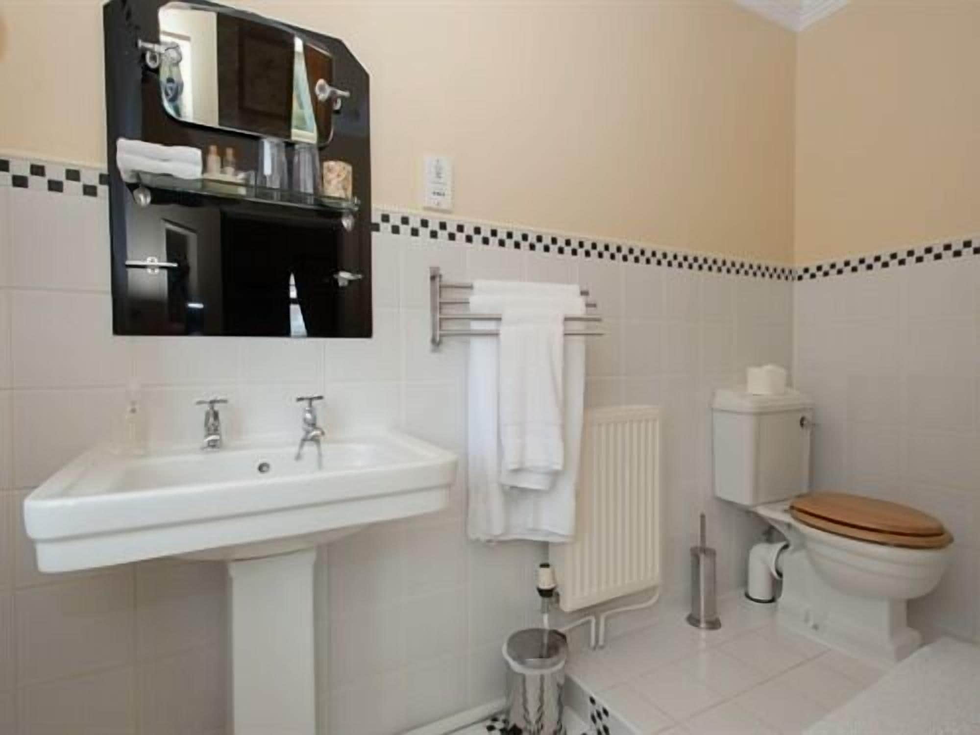A bathroom with a sink, mirror, toilet, and towel rack.