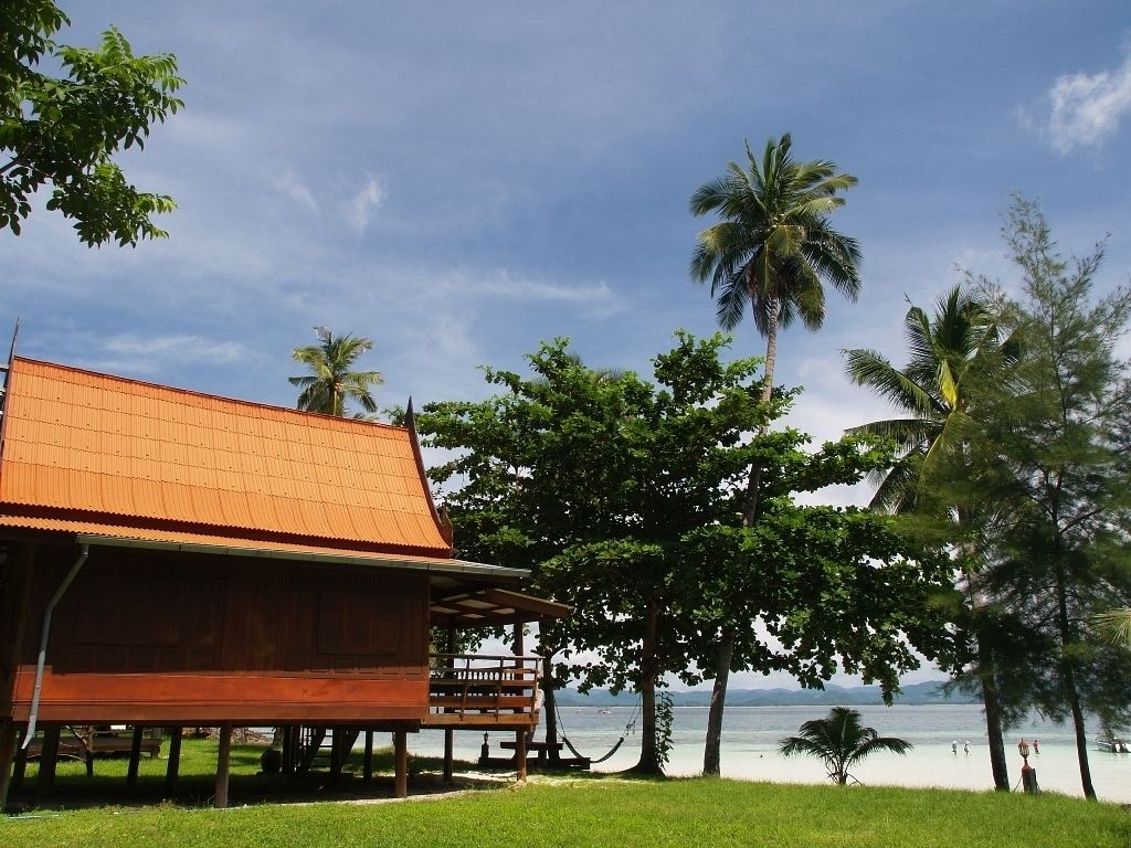 A wooden building with a red roof, surrounded by palm trees and a beach.