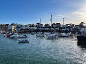 A marina with various boats docked, surrounded by buildings and trees. - The Ashleigh  (Paignton)
