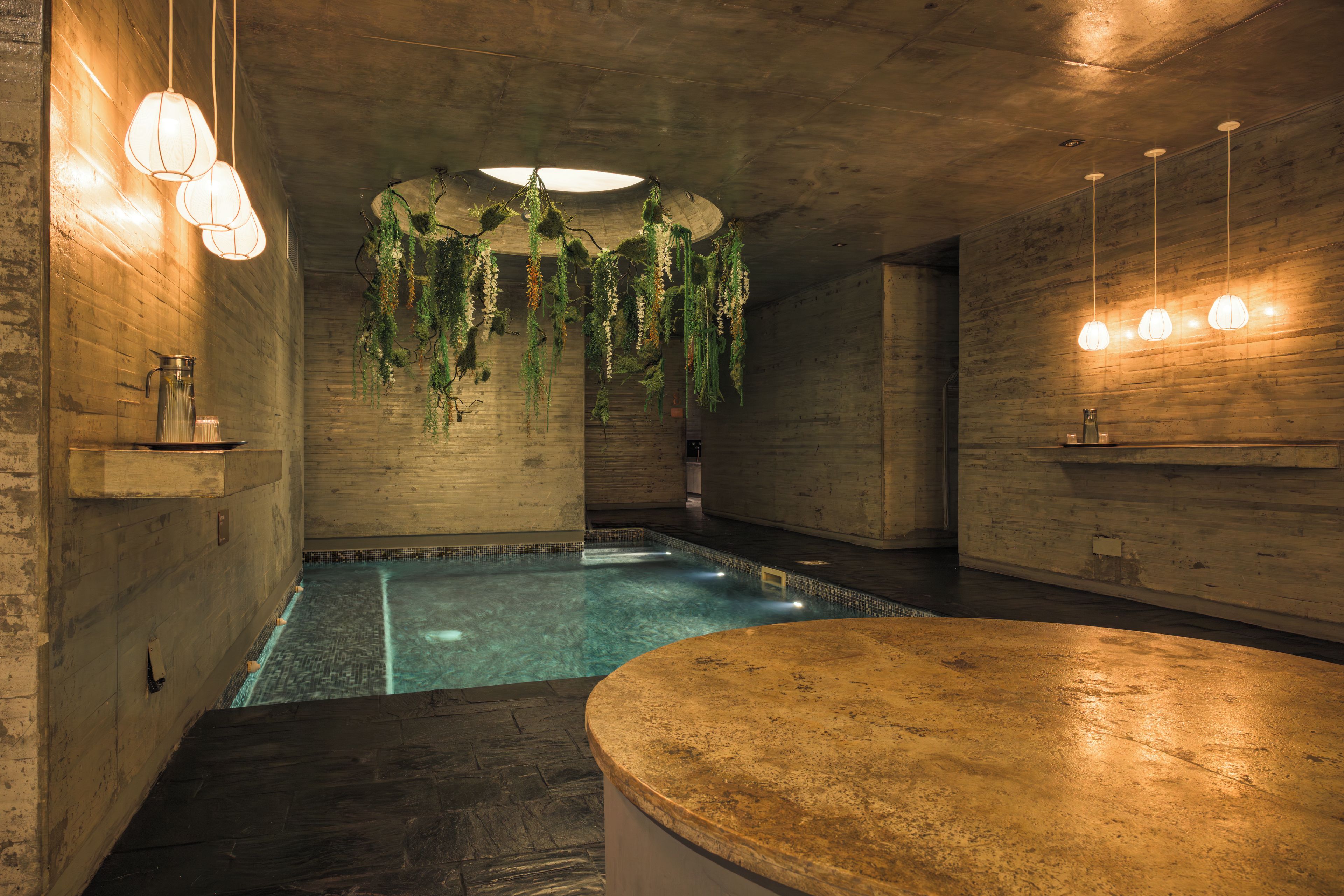 A spa area with a pool, wooden walls, hanging plants, and a reception desk.