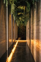 A corridor with a stone wall at the end, flanked by vertical light fixtures and hanging greenery.