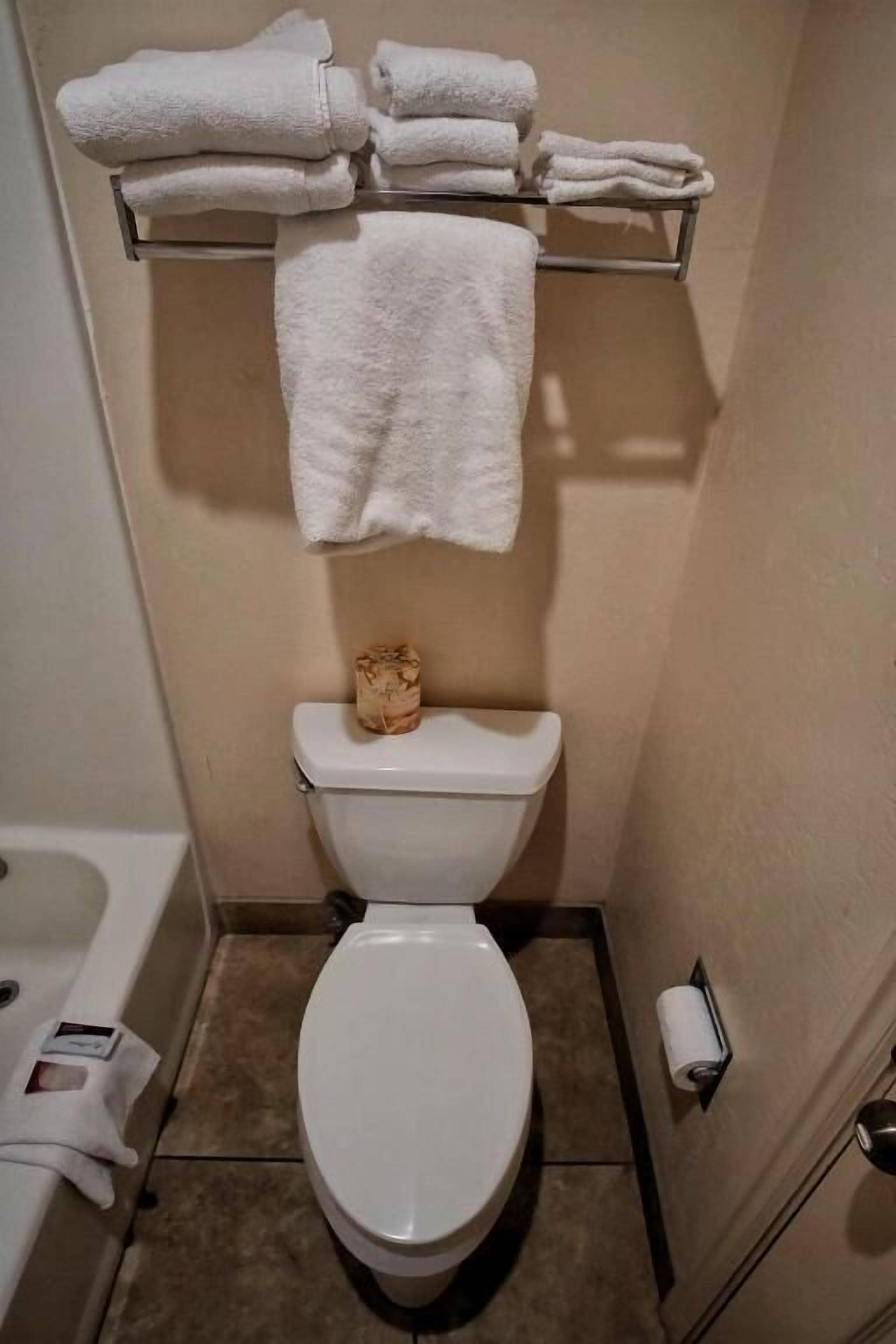 A bathroom with a toilet, a towel rack with folded towels, and a toilet paper holder.