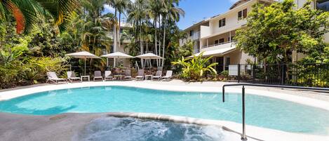 Outdoor pool, pool umbrellas, pool loungers