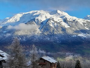 Een berg met besneeuwde toppen en een bebost dal.