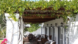 Une terrasse couverte, aménagée avec des meubles en osier et une pergola ornée de plantes grimpantes.