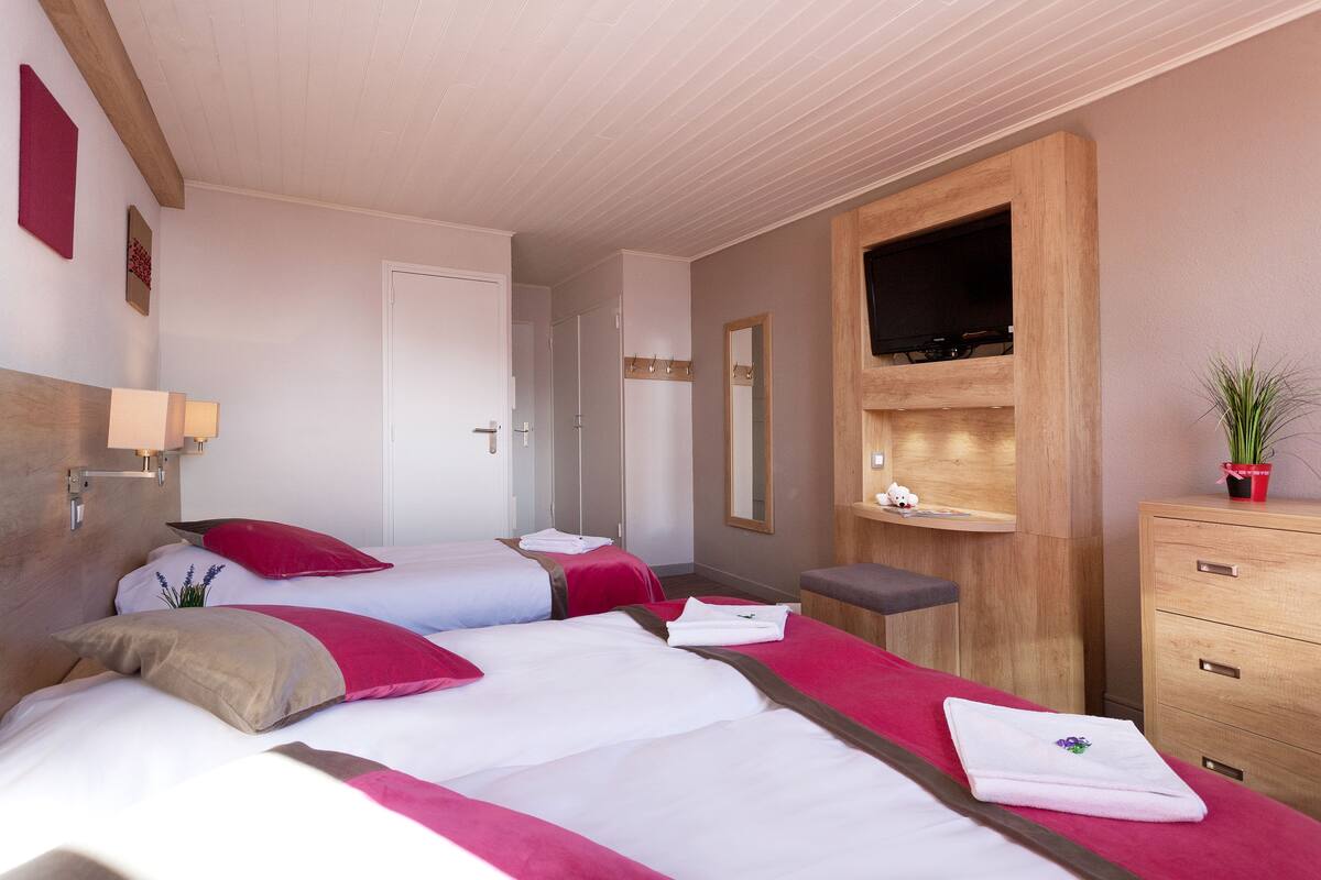 A hotel room with two beds, a wooden dresser, a TV mounted on the wall, and a small plant on the dresser.