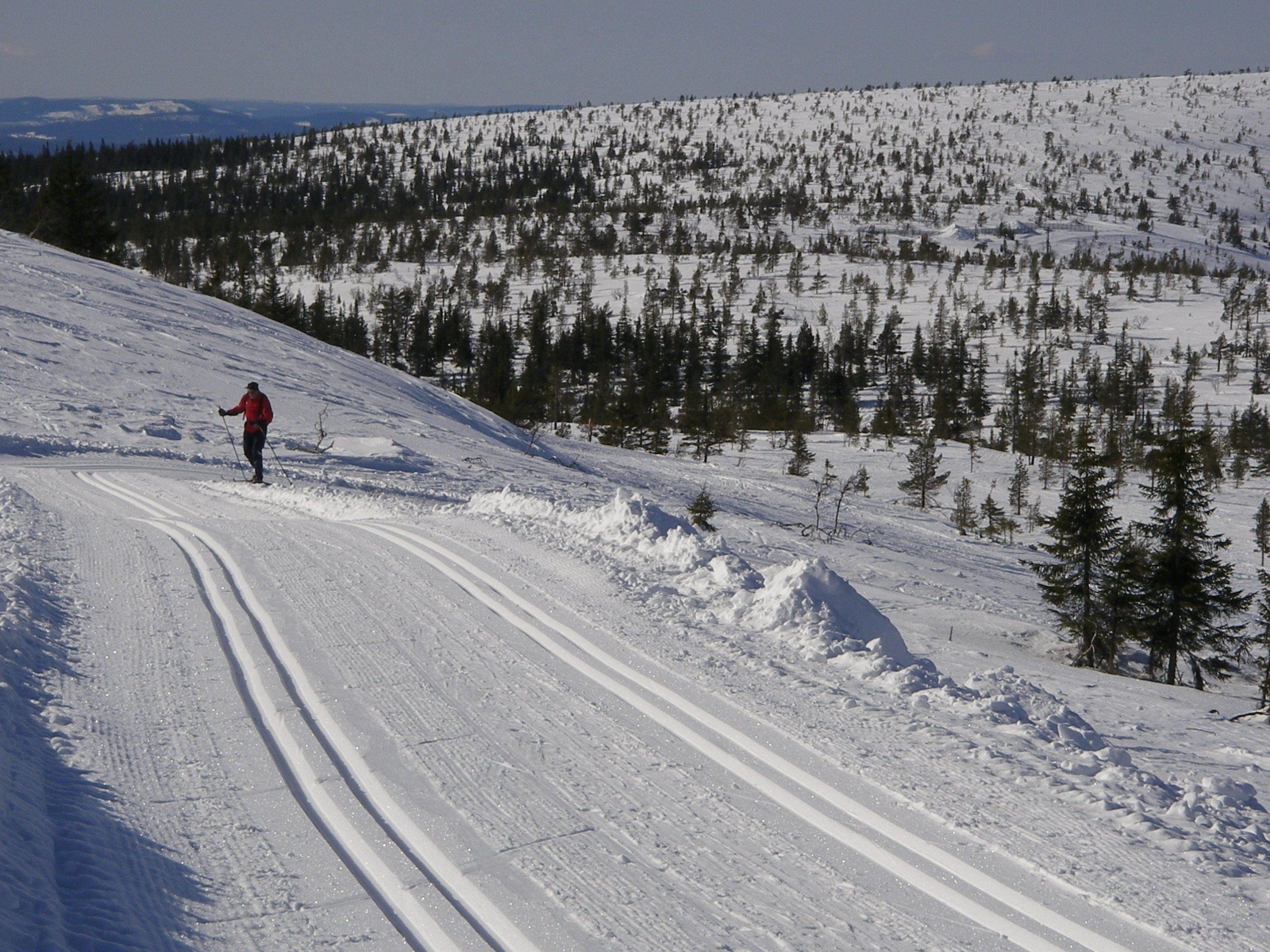 A snowy ski slope with a skier.