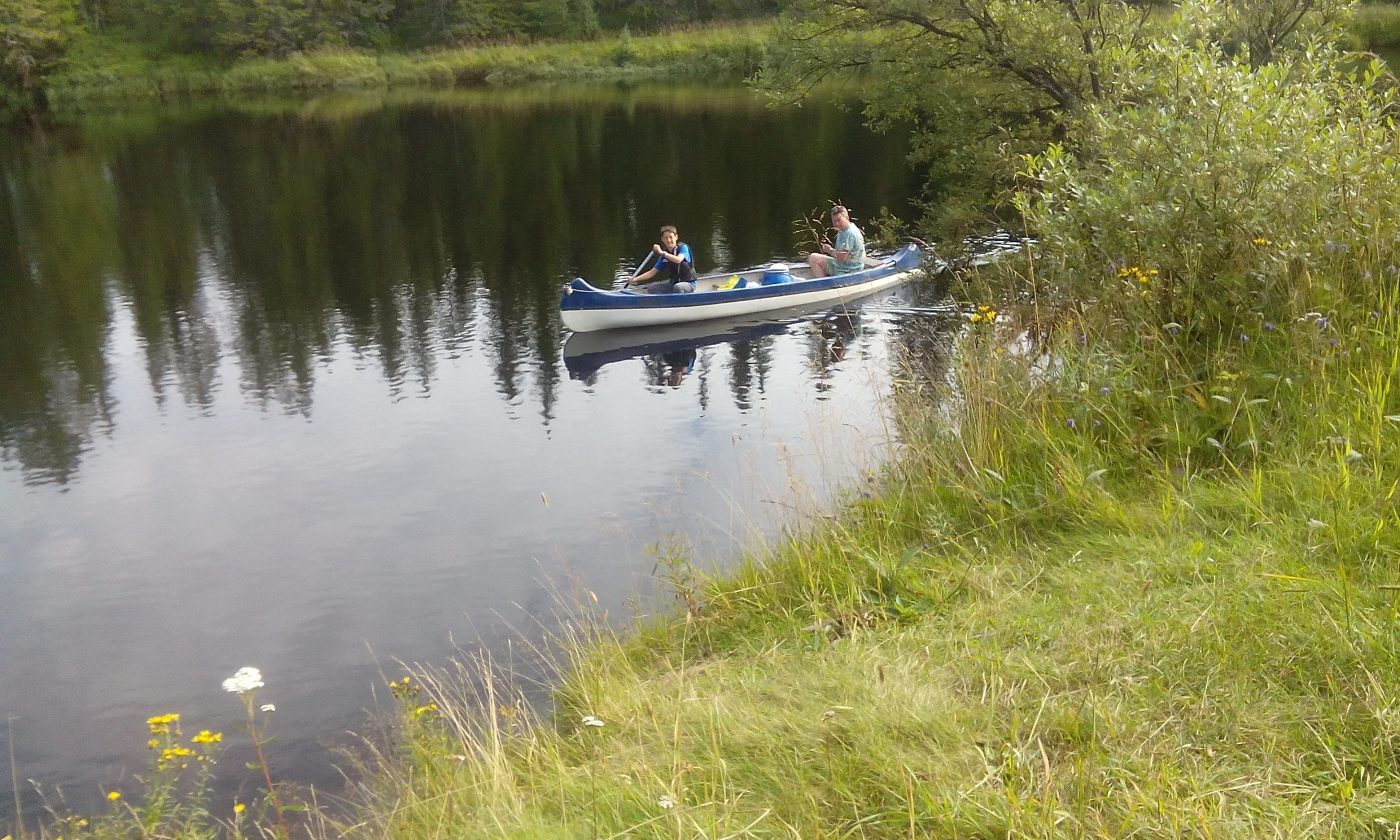 A narrow boat on a calm river surrounded by lush greenery.