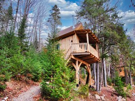 Una casa en el árbol de madera con balcón, rodeada de un bosque frondoso y un cielo despejado.