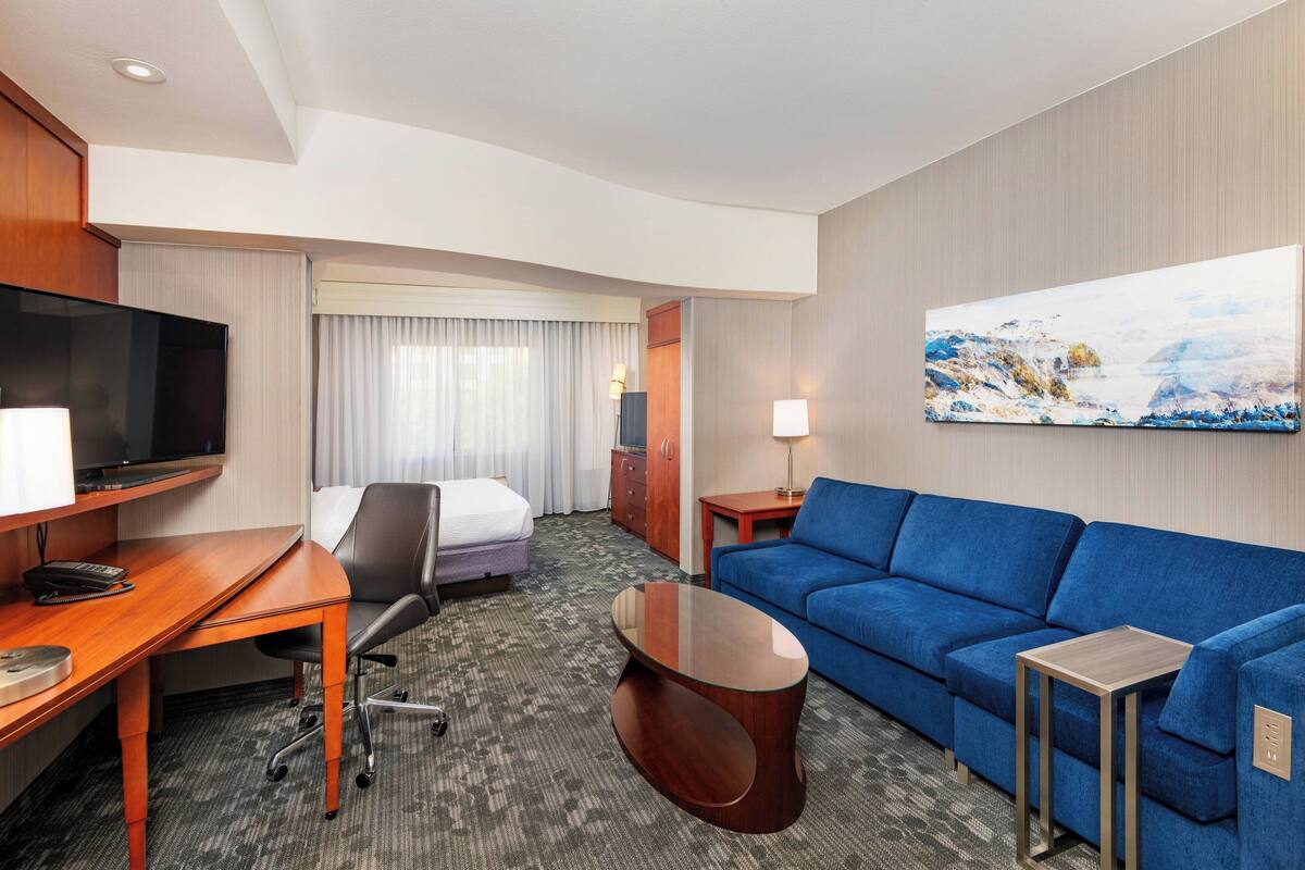 Una habitación de hotel con una cama, un escritorio con televisor, un sofá azul, una mesa de centro y un cuadro en la pared.