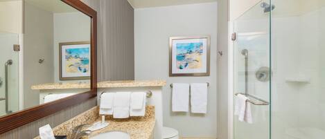 Een moderne badkamer met een granieten aanrechtblad, een grote spiegel, een wastafel, toilet en een douchecabine met glazen wanden.