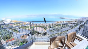 A balcony with a view of a coastal cityscape, including a body of water and urban buildings.